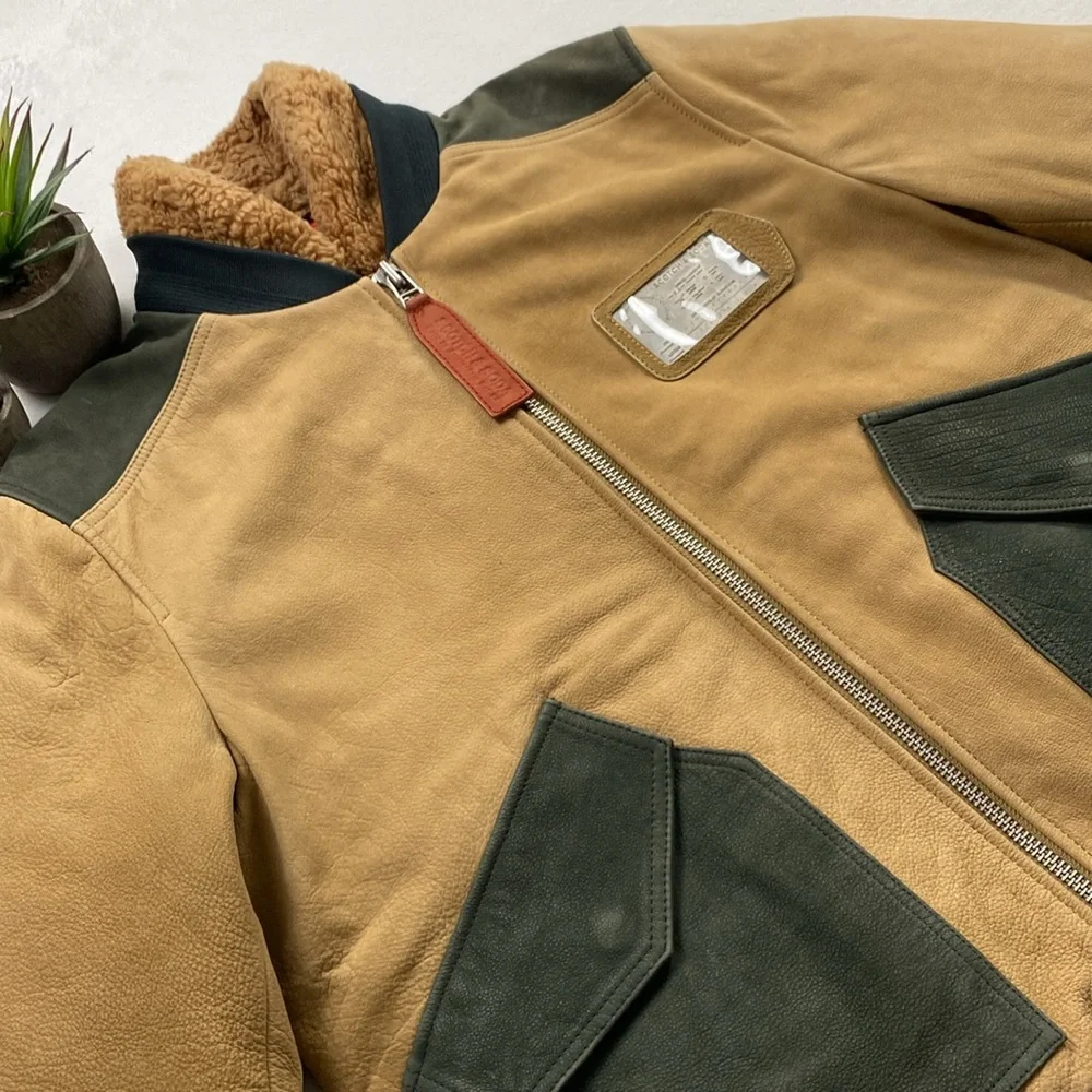 Scotch & Soda Buffalo Leather Removable Faux Shearling Aviator Bomber Jacket - Picture 4 of 16